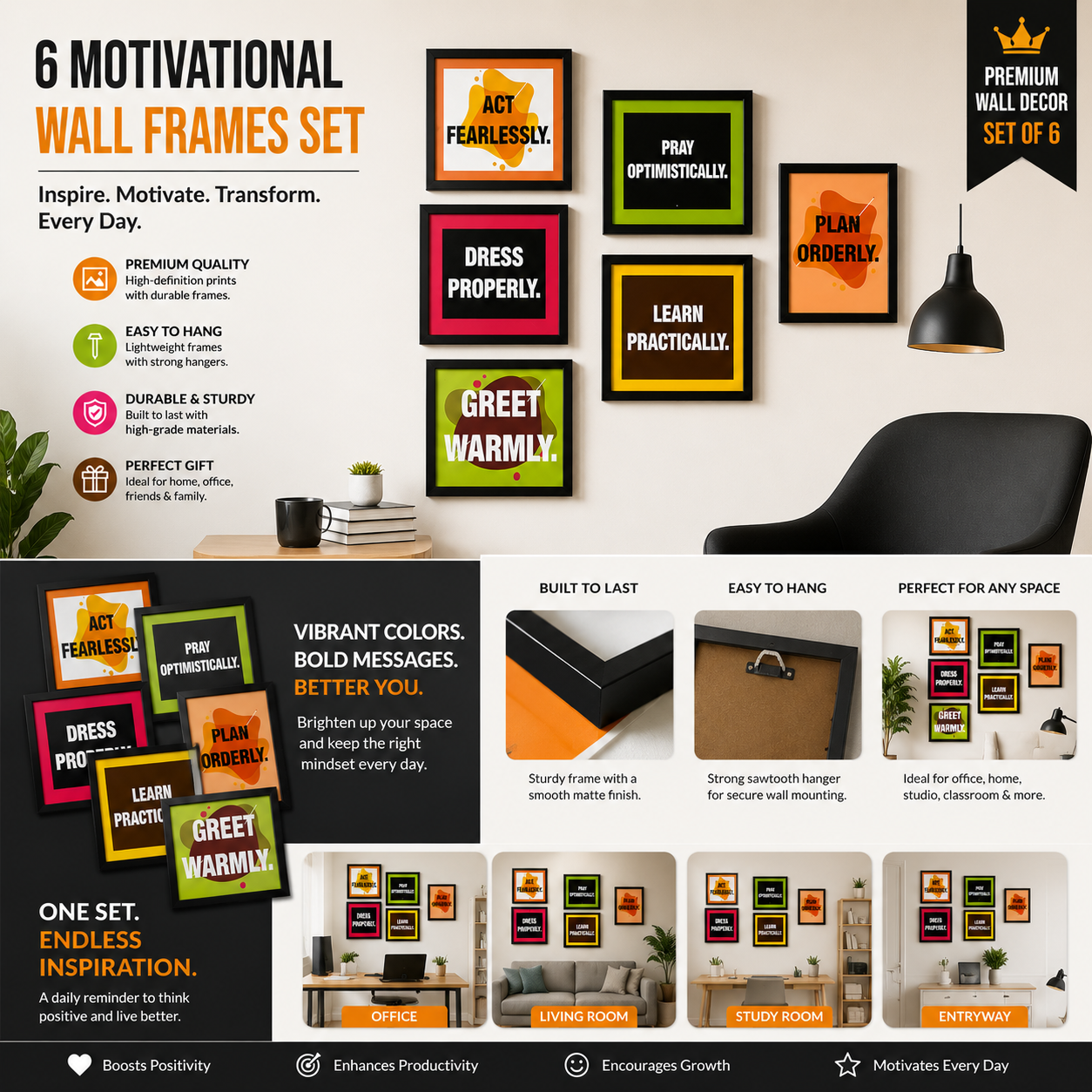 Islamic Motivational Quote Frames Set of 6 | Principles of Prophet Muhammad PBUH Wall Art Pakistan
