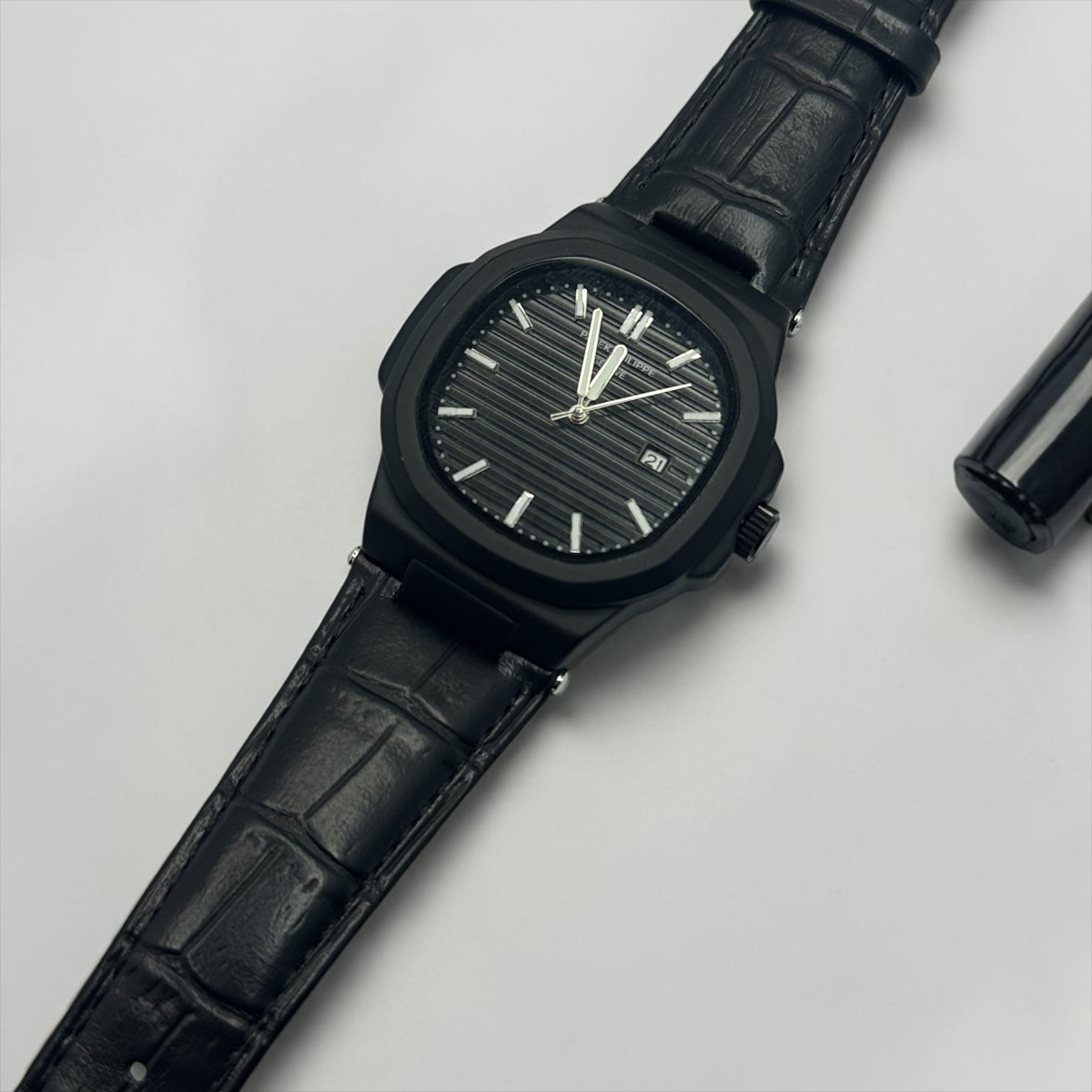 PP Nautilus Matte Black Leather Strap Watch – Luxury Men's Dress Wristwatch