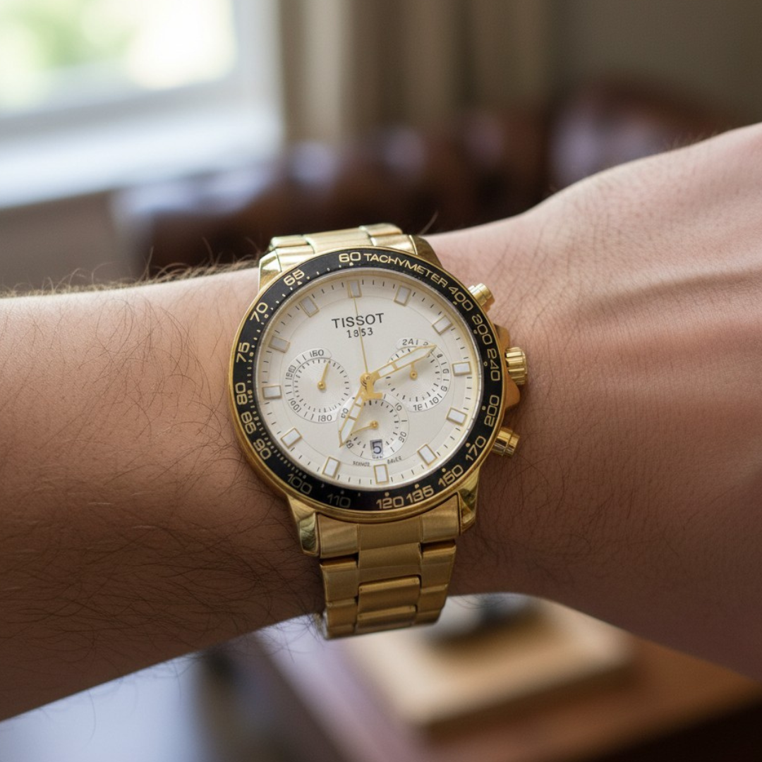 TST 1853 Chronograph Golden Chain Watch – Luxury Stainless Steel Men's Wristwatch