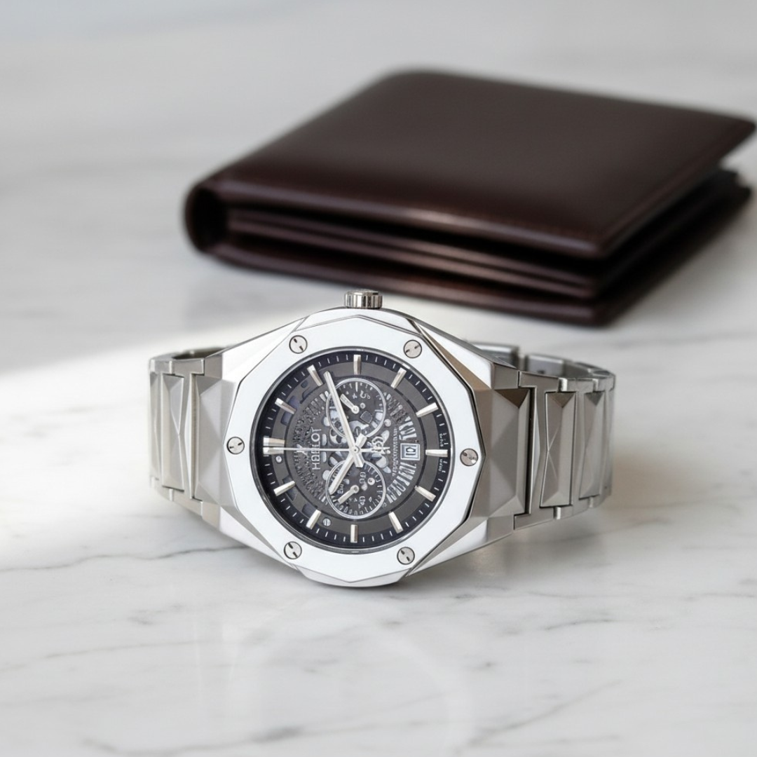 HB Skeleton Silver Chain Watch – Luxury Automatic Style Stainless Steel